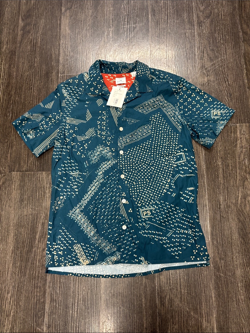 Paul Smith Teal Short-Sleeve Printed Button-Down Shirt Size Large